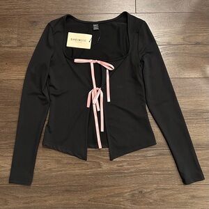 SHEIN Black Long Sleeve Top with Pink Ribbon